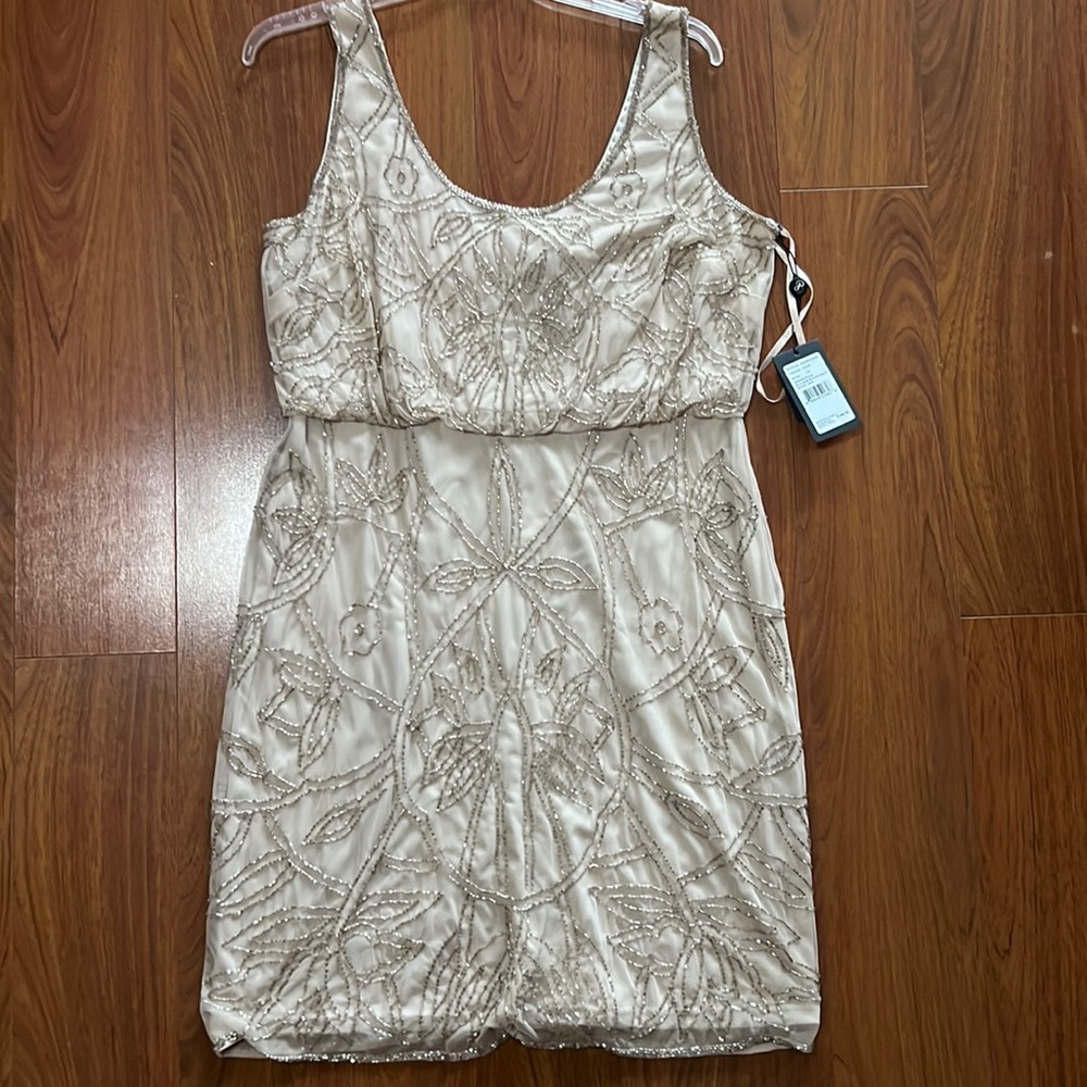 NWT Adrianna papell champagne beaded dress size 14